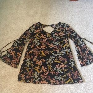 Black 3/4 Tie Sleeve Floral Dress